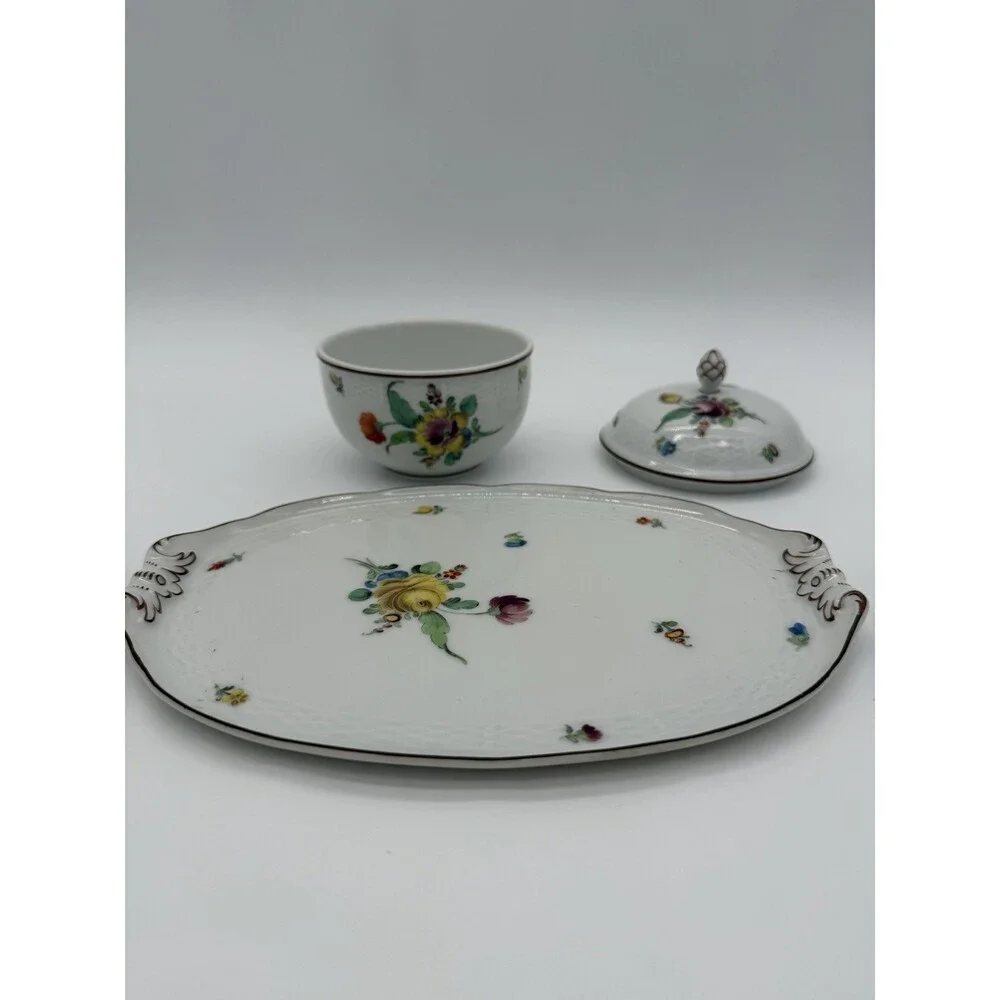 Antique Nymphenburg Porcelain Floral Sugar Bowl & Tray Basket Weave Set 2 PCs